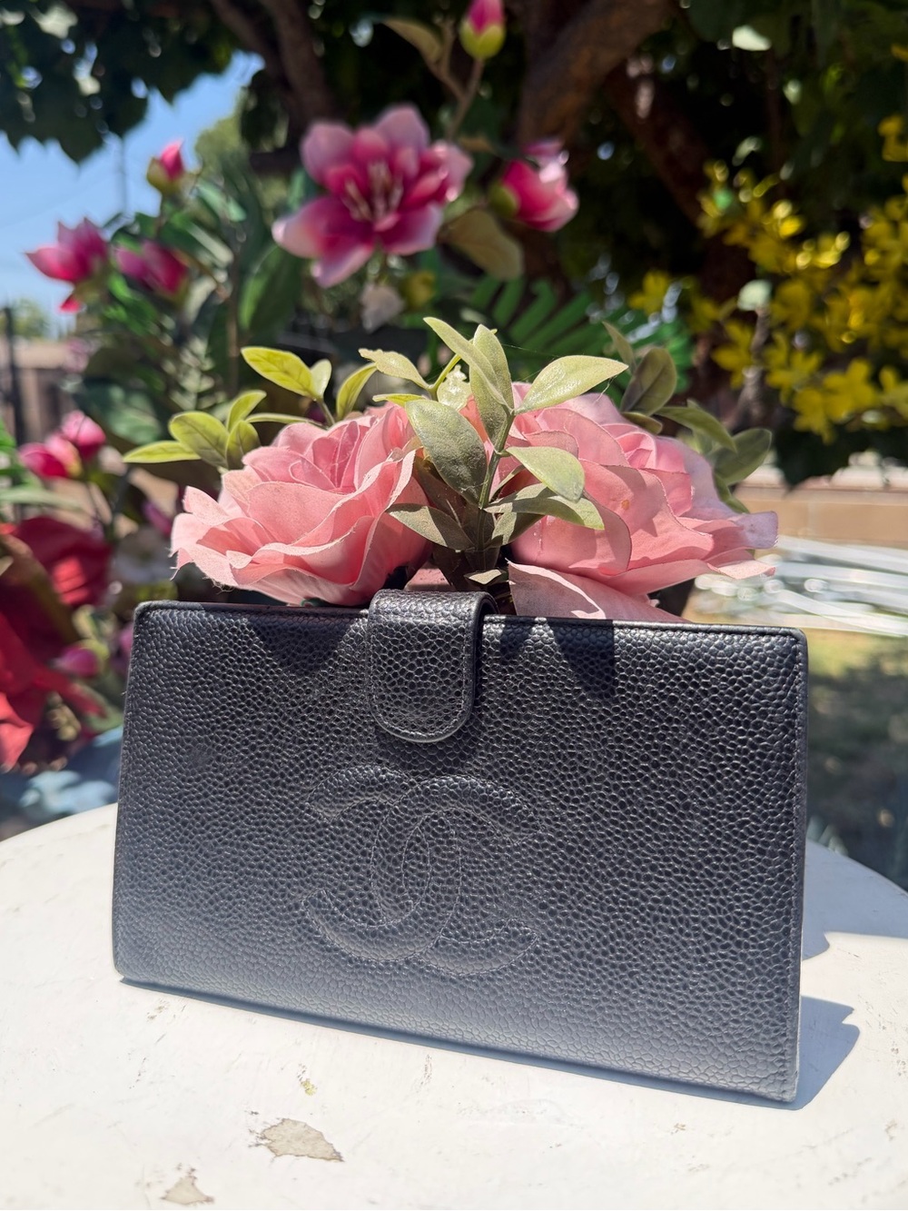 CHANEL Black Caviar Leather Wallet with Embossed CC